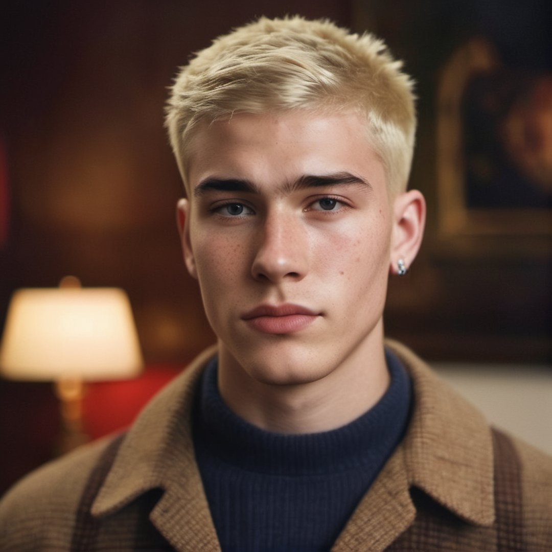 college boy, nerd, university, frat boy, handsome, blonde hair, buzzcut, tattoos, freckles, thick eyebrows, hairy, crooked nose, cute, 1990s, 17 years old, varsity

8k, cinematic lighting, very dramatic, very artistic, soft aesthetic, innocent, realistic, masterpiece, Camera settings to capture such a vibrant and detailed image would likely include Canon EOS 5D Mark IV, Lens 85mm f/1.8, f/4.0, ISO 100, 1/500 sec,hdsrmr, cinema verite, film still, ((perfect anatomy): 1.5), best resolution, maximum quality, UHD, life with detail, analog, cinematic moviemaker style