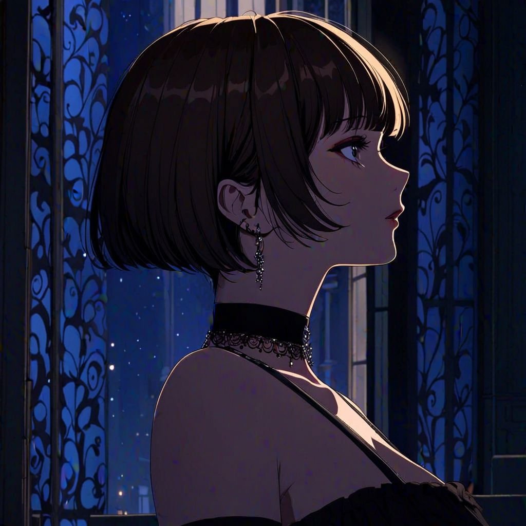 1girl, bangs, choker, earrings, from side, jewelry, makeup, night, profile, short hair, solo, upper body, window