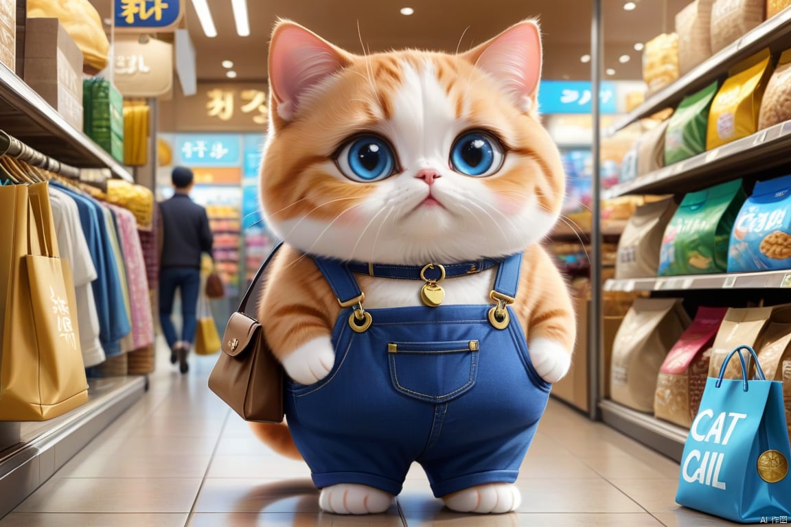 mimi,cat,talk to a man,1man beside,pay a bill,money,super cute,shop,shopping,take a bag,cat wear blue strap pants,cat with super large eyes, mimi,super realistic,