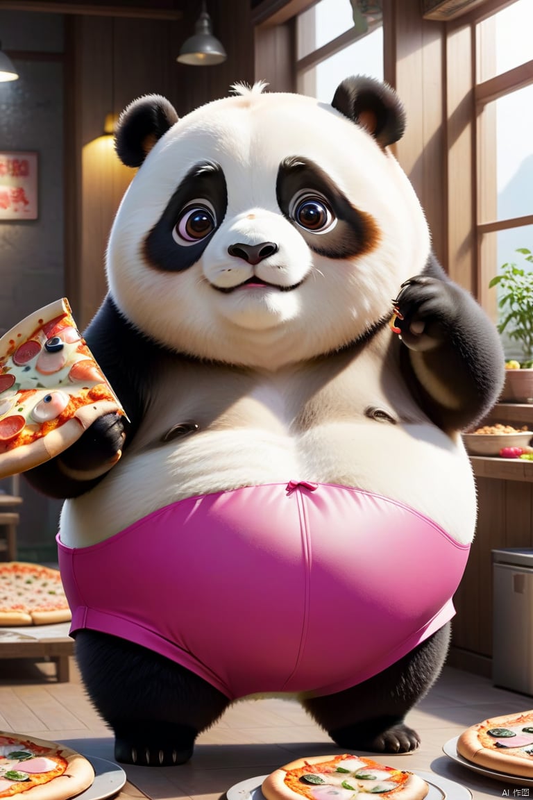 mimi,huge fat panda,super cute,eat fish,pizza, wmchahua, guzhuang,wear Pink strap pants,super large eyes, mimi,