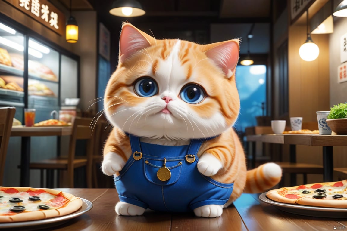 mimi,cat,talk to a man,pay a bill,money,super cute,eat fish,pizza, wmchahua, guzhuang,cat wear blue strap pants,cat with super large eyes, mimi,super realistic,