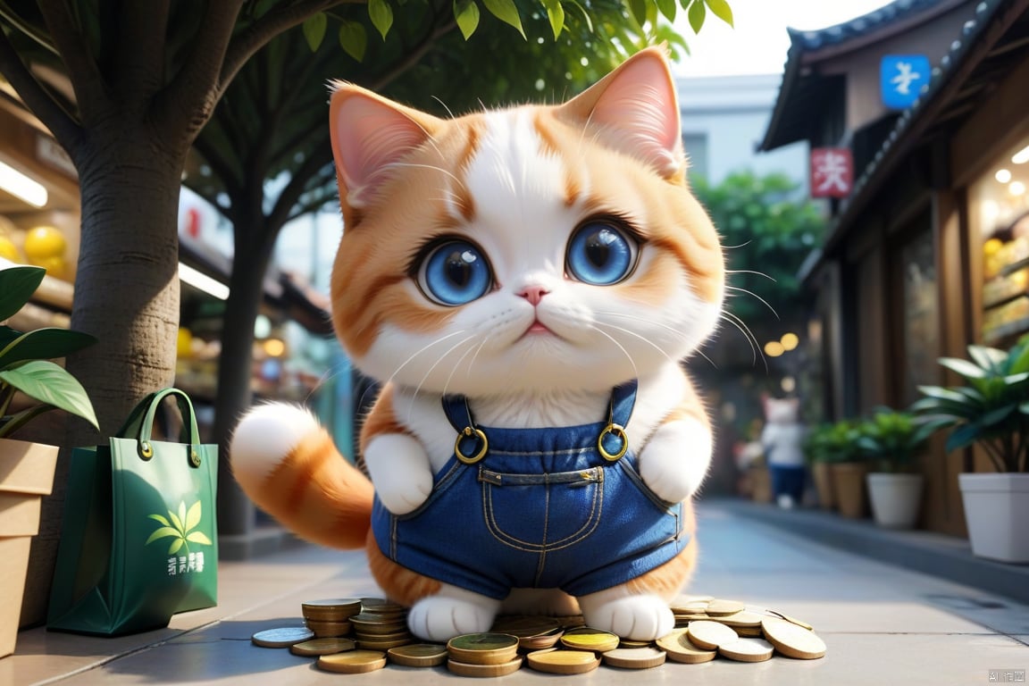 mimi,cat,蹲下,侧面,种树,cat plant a tree,put coins in a hole,money,super cute,shop,shopping,take a bag,cat wear blue strap pants,cat with super large eyes, mimi,super realistic,