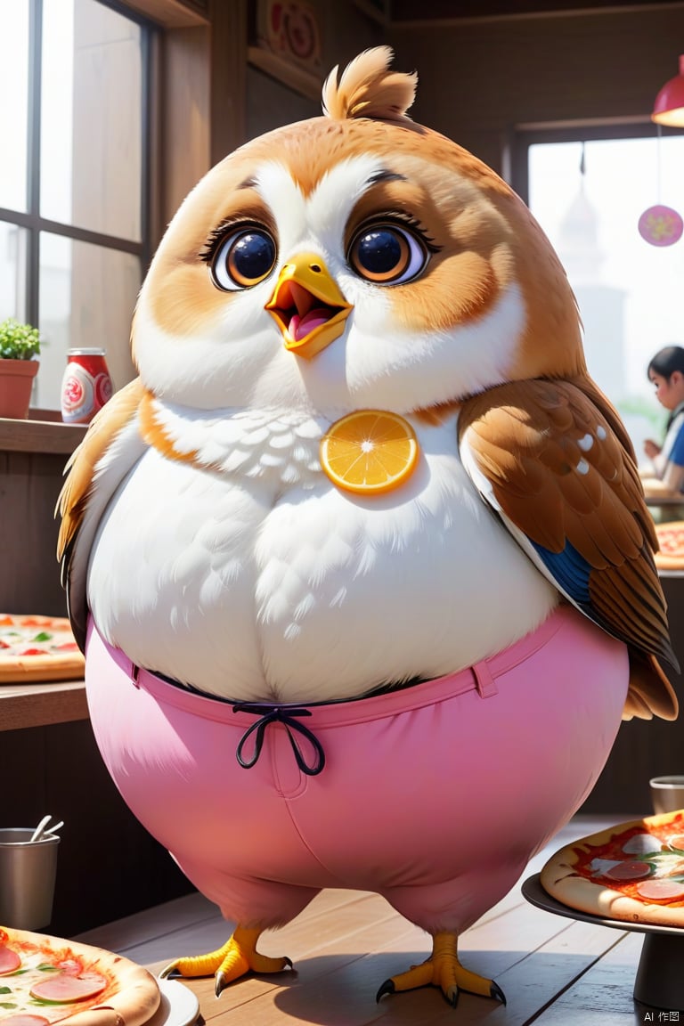 mimi,huge fat bird,super cute,eat fish,pizza, wmchahua, guzhuang,wear Pink strap pants,super large eyes, mimi,