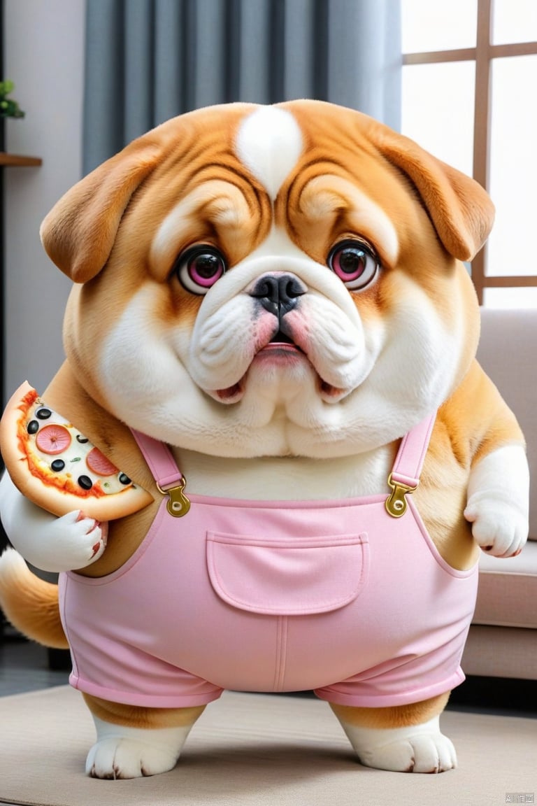 mimi,huge fat dog,super cute,eat fish,pizza, wmchahua, guzhuang,wear Pink strap pants,super large eyes, mimi,super realistic,