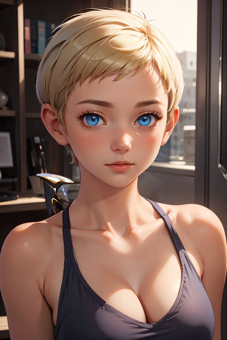 masterpiece, best quality,Ray tracing, hdr, volumetric lighting,1girl, <lora:Tomboy_FefaAIart:0.8>,  tomboy, very short hair, breasts,  cleavage,blonde hair, blue eyes, (pixie cut:1.3),forehead,