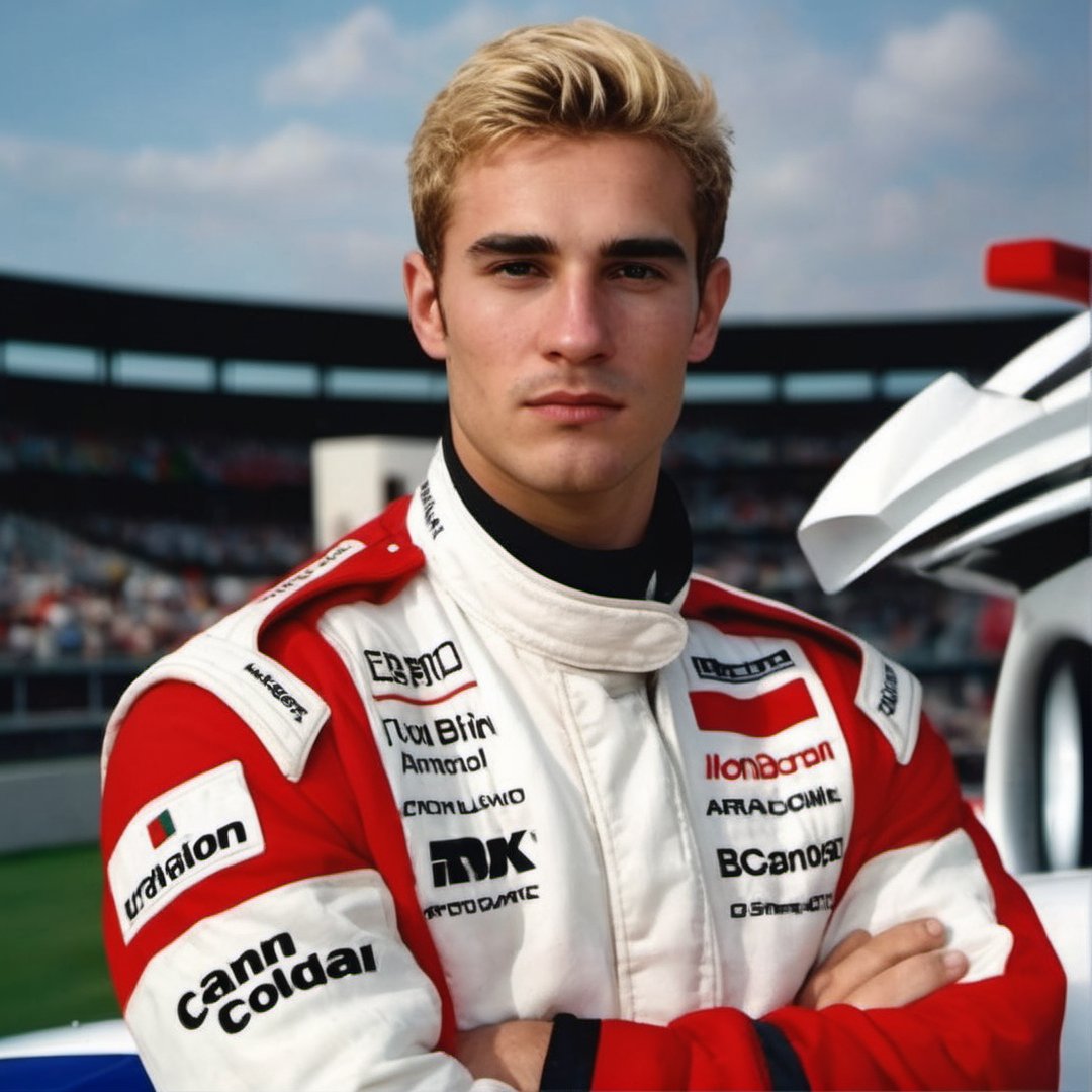 30 years old man, f1 racer, wearing nomex suit, handsome, thick eyebrows, blonde, hairy, crooked nose, cute, 1990s, 17 years old, varsity, ted colunga, f1

8k, cinematic lighting, very dramatic, very artistic, soft aesthetic, innocent, realistic, masterpiece, Camera settings to capture such a vibrant and detailed image would likely include Canon EOS 5D Mark IV, Lens 85mm f/1.8, f/4.0, ISO 100, 1/500 sec,hdsrmr, cinema verite, film still, ((perfect anatomy): 1.5), best resolution, maximum quality, UHD, life with detail, analog, cinematic moviemaker style