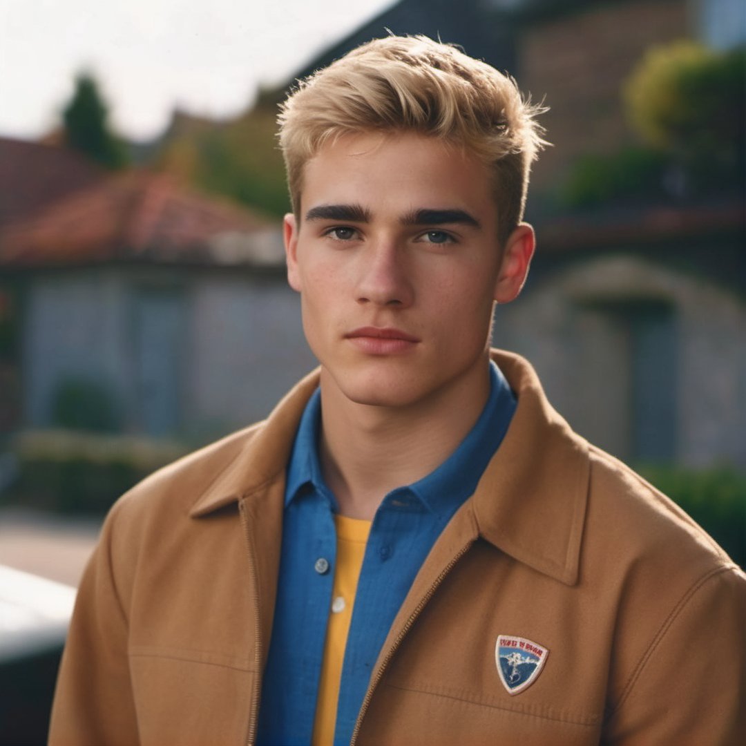 college boy wearing jumpsuit, handsome, thick eyebrows, blonde, hairy, crooked nose, cute, 1990s, 17 years old, varsity, ted colunga, f1

8k, cinematic lighting, very dramatic, very artistic, soft aesthetic, innocent, realistic, masterpiece, Camera settings to capture such a vibrant and detailed image would likely include Canon EOS 5D Mark IV, Lens 85mm f/1.8, f/4.0, ISO 100, 1/500 sec,hdsrmr, cinema verite, film still, ((perfect anatomy): 1.5), best resolution, maximum quality, UHD, life with detail, analog, cinematic moviemaker style