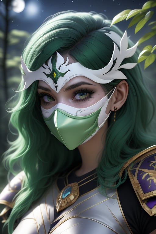 Shaina, a woman, 22 years old, green hair, ((she wears white mask in her face)). armor power, purple armor, green elements, fuschia aura. In the background a detailed landscapes. forest,  night sky, stars in the sky. interactive elements, very detailed, ((Detailed face)),  ((Detailed Half body)),  sciamano240, nodf_lora, 1girl, Shaina