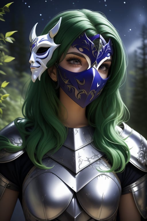 Shaina, a woman, 22 years old, green hair, ((She wears a white armor mask that covers his entire face.)). armor power, purple armor, green elements, fuschia aura. In the background a detailed landscapes. forest,  night sky, stars in the sky. interactive elements, very detailed, ((Detailed face)),  ((Detailed Half body)),  sciamano240, nodf_lora, 1girl, Shaina