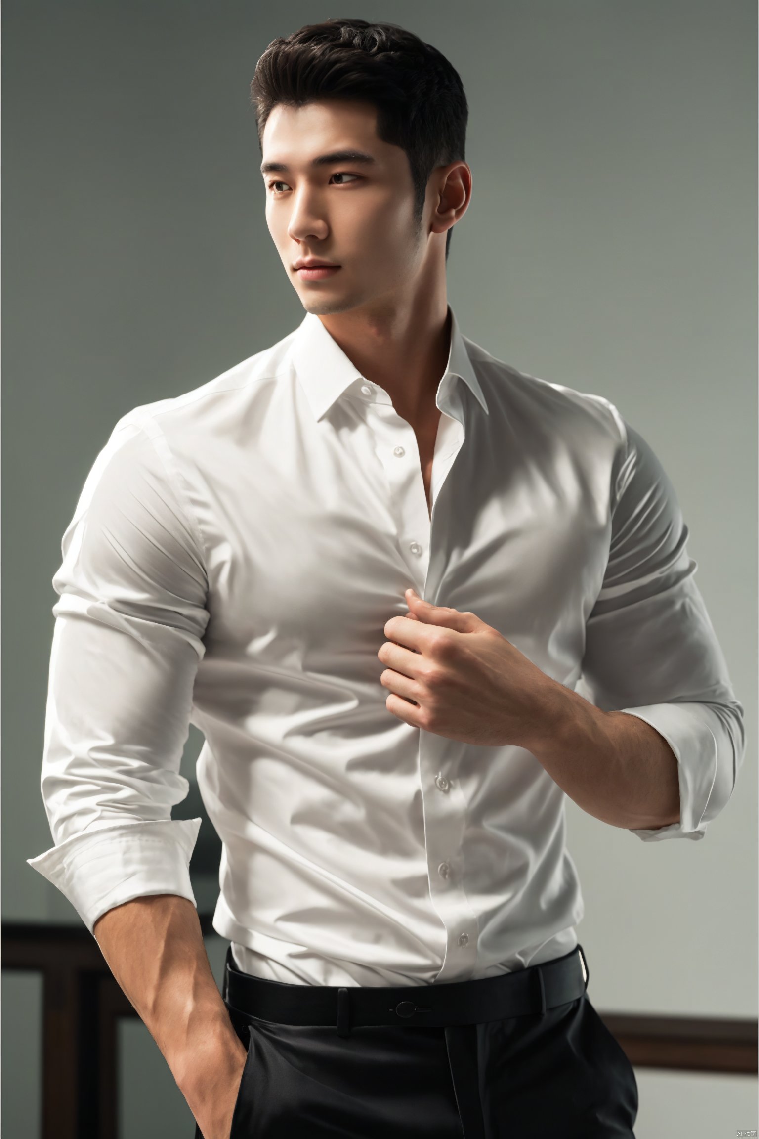  jzns,flm,1man,male focus,asian,exquisite facial features,handsome,fashion forward,white shirt,Volumetric lighting,(masterpiece, realistic, best quality, highly detailed), jzns