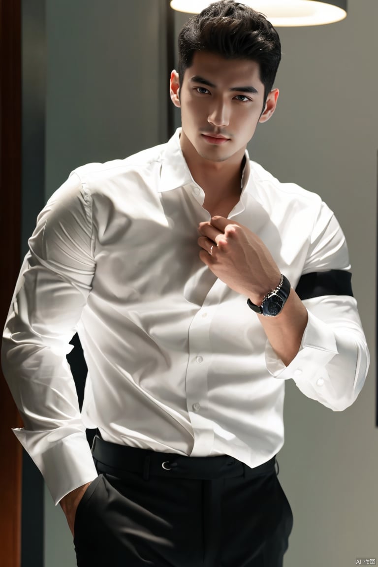  jzns,flm,1man,male focus,asian,exquisite facial features,handsome,fashion forward,white shirt,Volumetric lighting,(masterpiece, realistic, best quality, highly detailed), jzns