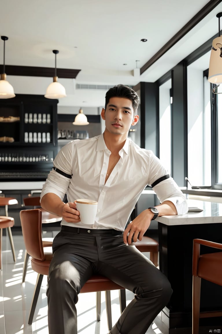  jzns,flm,1man,male focus,asian,exquisite facial features,handsome,fashion forward,white shirt,sitting in cafe,Volumetric lighting,(masterpiece, realistic, best quality, highly detailed), jzns