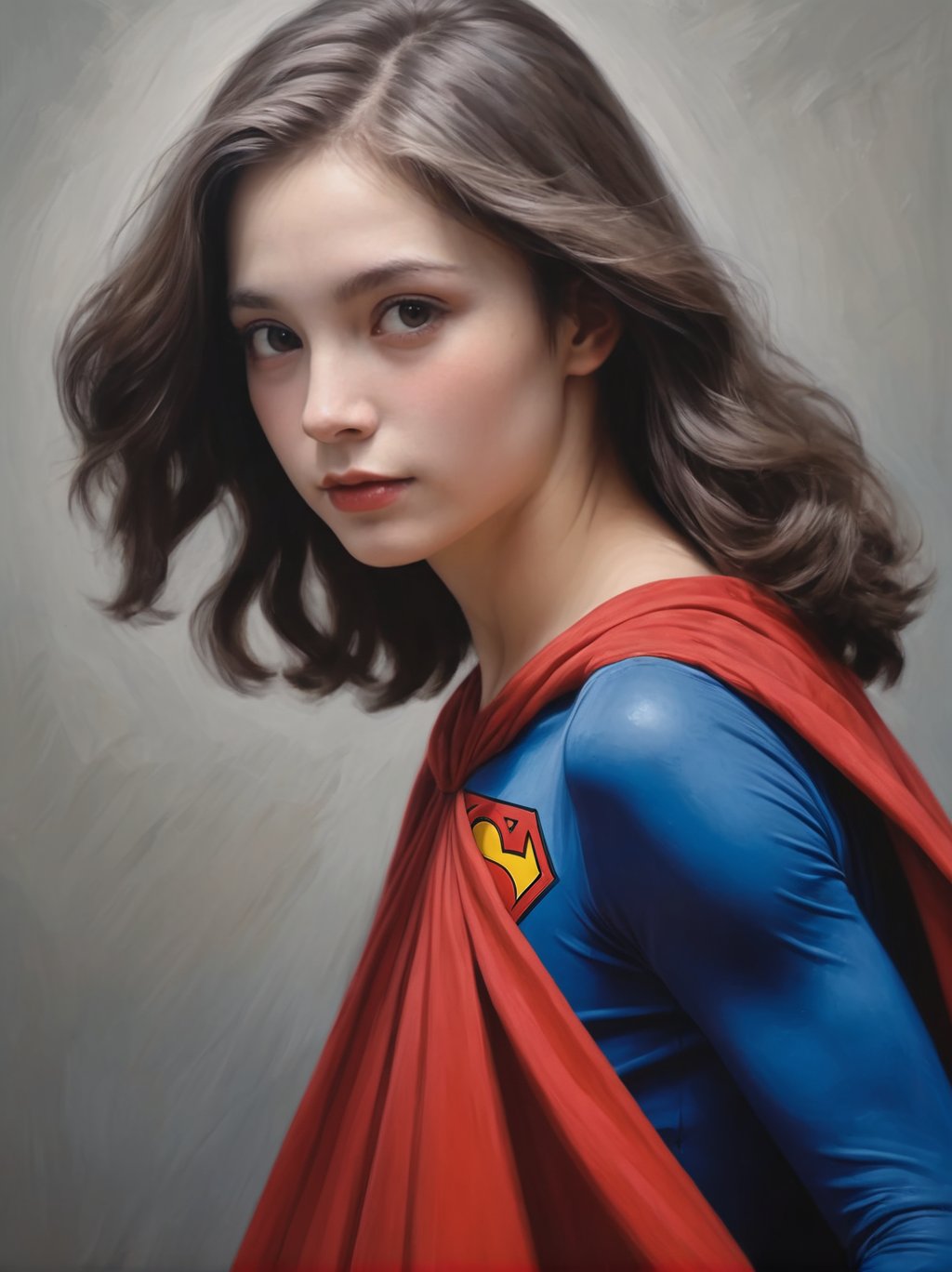 preteen girl in superman outfit, red mini-skirt, red cape, blue leotard,Seductive presence, low_key backdrop, carefree hair falling over her shoulders, framing her face with a morbid air,perfect face, ((half_profile)), realistic proportions, realism oil painting