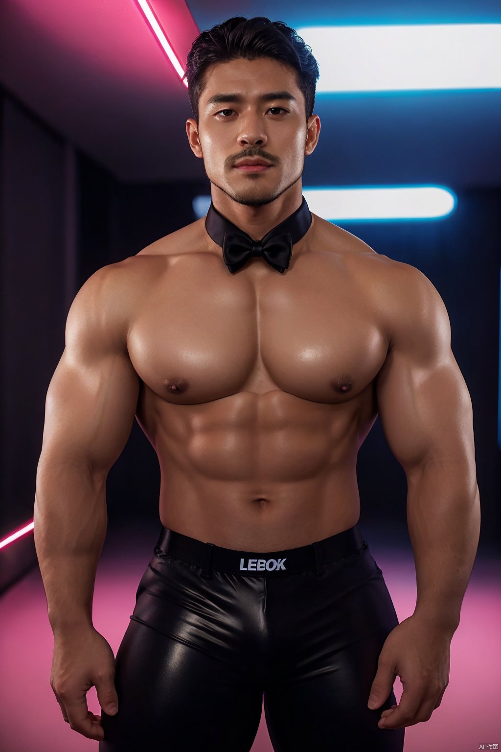 masterpiece,1 Man,Look at me,Indoor,Nightclub,Neon light,Light and shadow,Greasy and shiny skin,Black trousers,Bow tie,Muscle,Beard,Topless,Handsome,uncle,Mature male,textured skin,super detail,best quality,