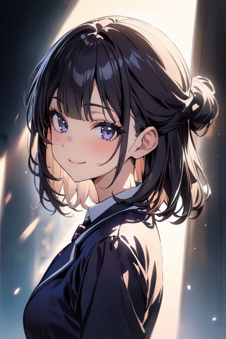 best quality, masterpiece, extremely detailed, 1girl, solo, smile,looking at viewer, bangs, blunt bangs, half updo, black hair, medium hair,standing, upper body,school uniform, navy jacket,white shirts,sky,,Cinematographic lighting, from side,