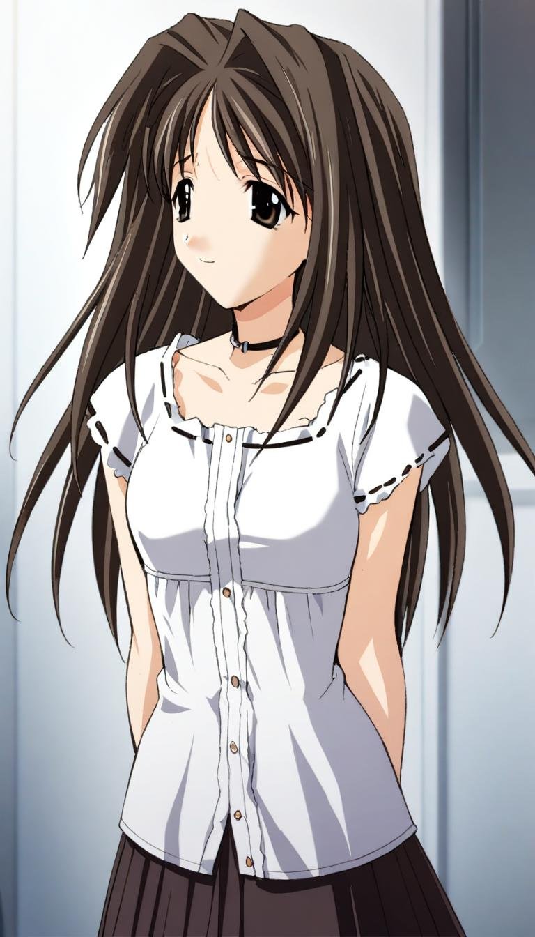 1girl,Shirakawa Shizuru,whiteshizuru,frilled blouse,ribbon trim,choker,pleated skirt,masterpiece,best quality,solo,very aesthetic,absurdres,game cg,(detailed beautiful eyes:1.2),(beautiful face:1.2),simple background,white background,<lora:ShirakawaShizuruXL:1>,smile,arms behind back,blush,