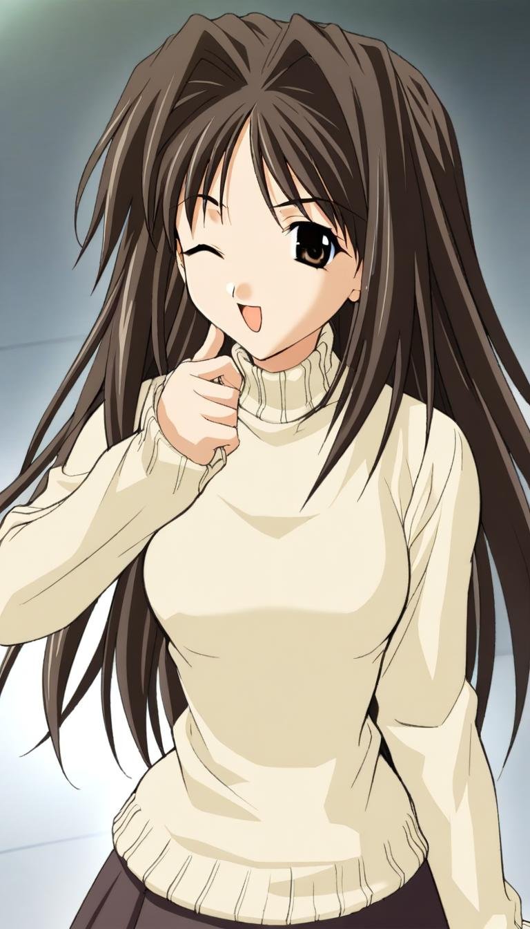 1girl,Shirakawa Shizuru,sweatershizuru,beige sweater,skirt,masterpiece,best quality,very aesthetic,absurdres,game cg,(detailed beautiful eyes:1.2),(beautiful face:1.2),simple background,white background,<lora:ShirakawaShizuruXL:1>,one eye closed,open mouth,smile,