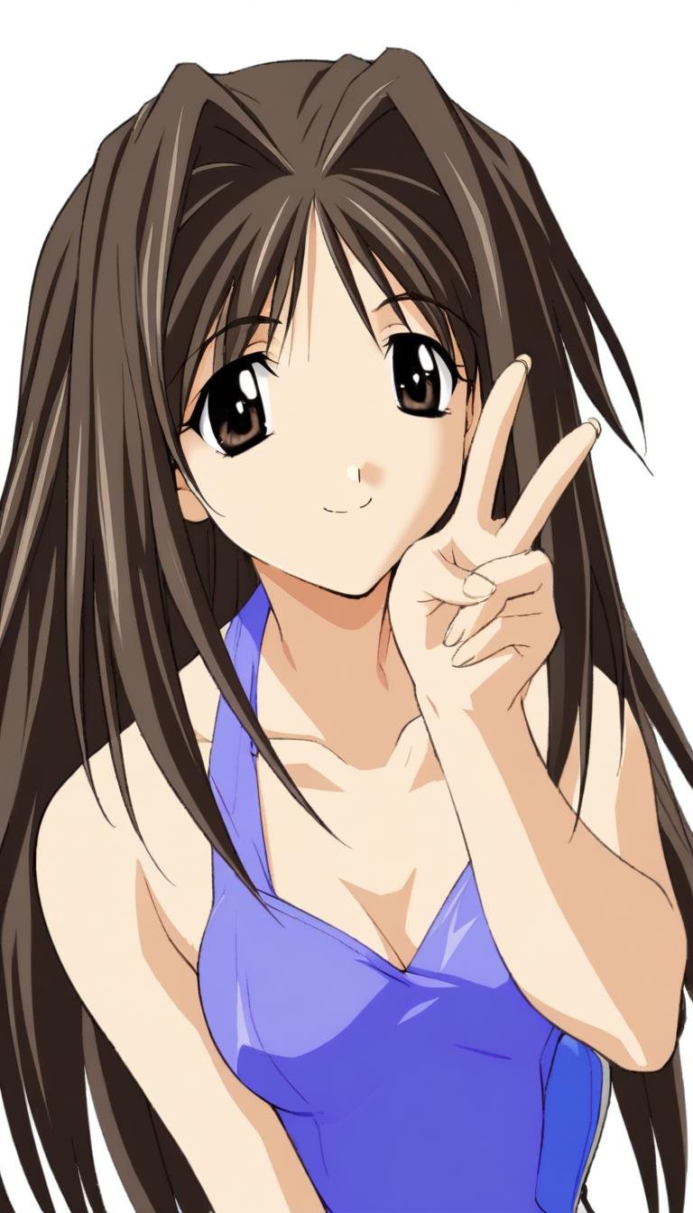 1girl,Shirakawa Shizuru,swimshizuru,one-piece swimsuit,masterpiece,best quality,very aesthetic,absurdres,game cg,(detailed beautiful eyes:1.2),(beautiful face:1.2),simple background,white background,<lora:ShirakawaShizuruXL:1>,v,smile,