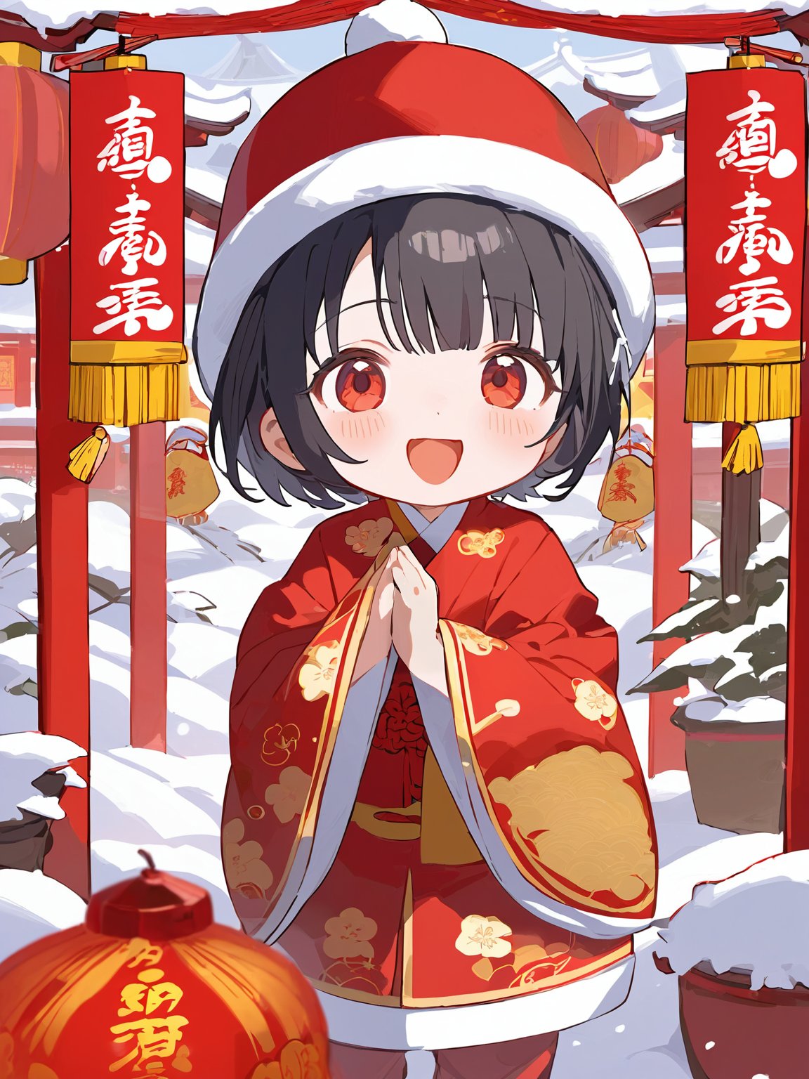 8K+1 loli+ solo + looking at the audience + short black hair + deep red pupils + looking at the audience ++ New Year + Gre...