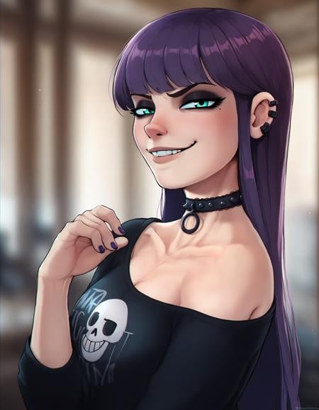 1girl, female, solo, upper body,looking at viewer, smug, smirk, smile, long hair, purple hair, goth, choker, blurred background,BREAKscore_9, score_8_up, score_7_up, score_6_up, score_5_up, score_4_up, source_cartoon, rating_questionable,   <lora:shadman_style_ponyxl_ilff:0.9>