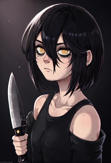 (score_9, score_8_up), score_7_up, score_6_up, score_5_up, score_4_up, Nayuta, 1girl, ringed eyes, black hair, yellow eyes, best quality, bags under eyes, black sweater, holding knife, knife, looking at viewer, bored, black tank top, upper body, dark background, <lora:Nayuta_CSM_XL_Pony:1> <lora:shadman_style_v4:1>, hair between eyes, short hair, mole under eye,