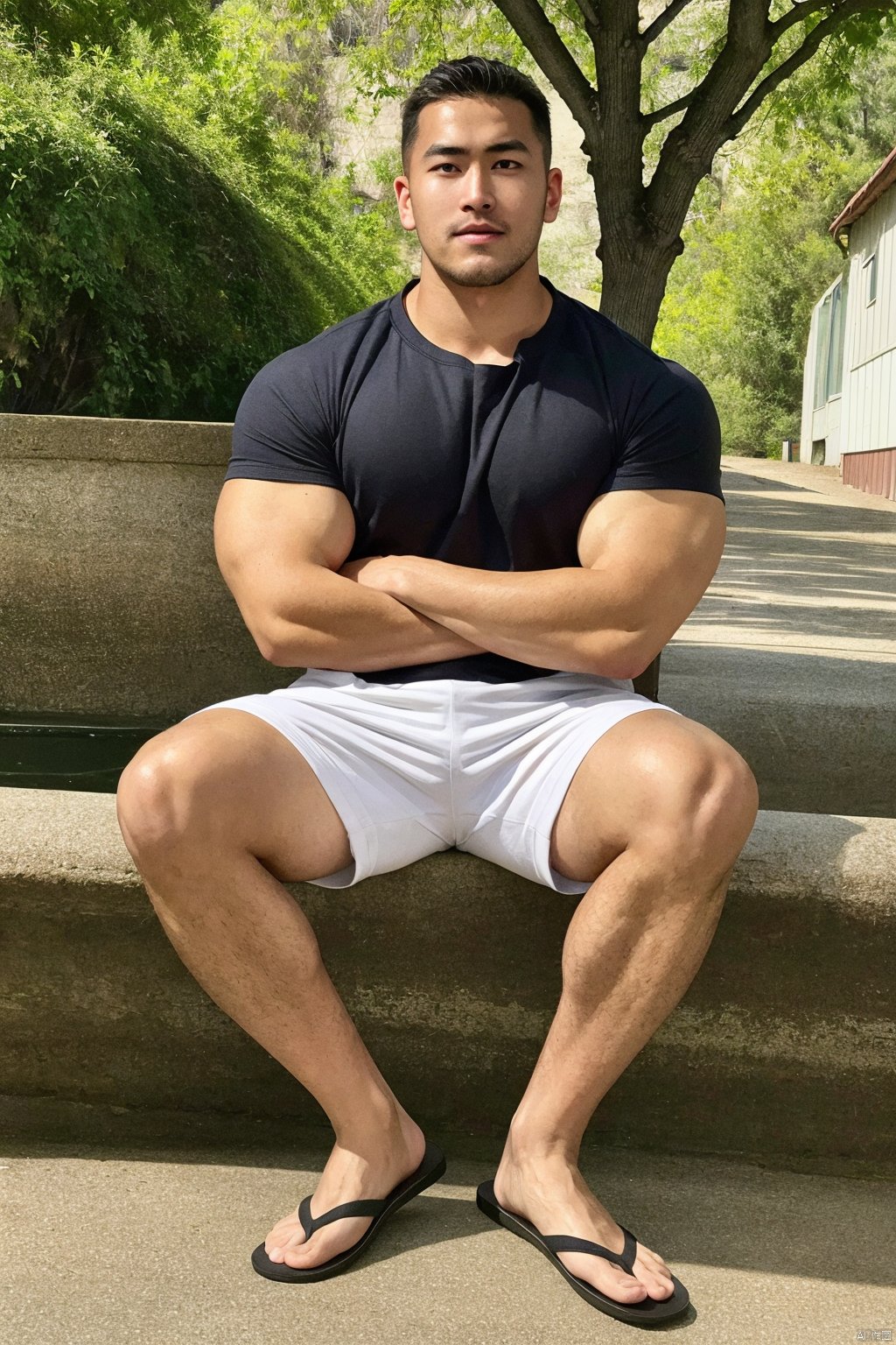  realistic,masterpiece, best quality, highres, ultra-detailed, 8k uhd, RAW, realistic,realism photo, Realistic skin, skin texture, Fair skin,Greasy skin, Shiny skin, Clear skin, 
1boy, full body, muscular, black hair, short hair, perfect face,white shirt, red shorts, 
crossed arms, sitting, feet, toes, flip-flops feet, red flip-flops, flip-flops, leg hair, arm hair, 
outdoor, solo, looking at viewer, bara, realistic,