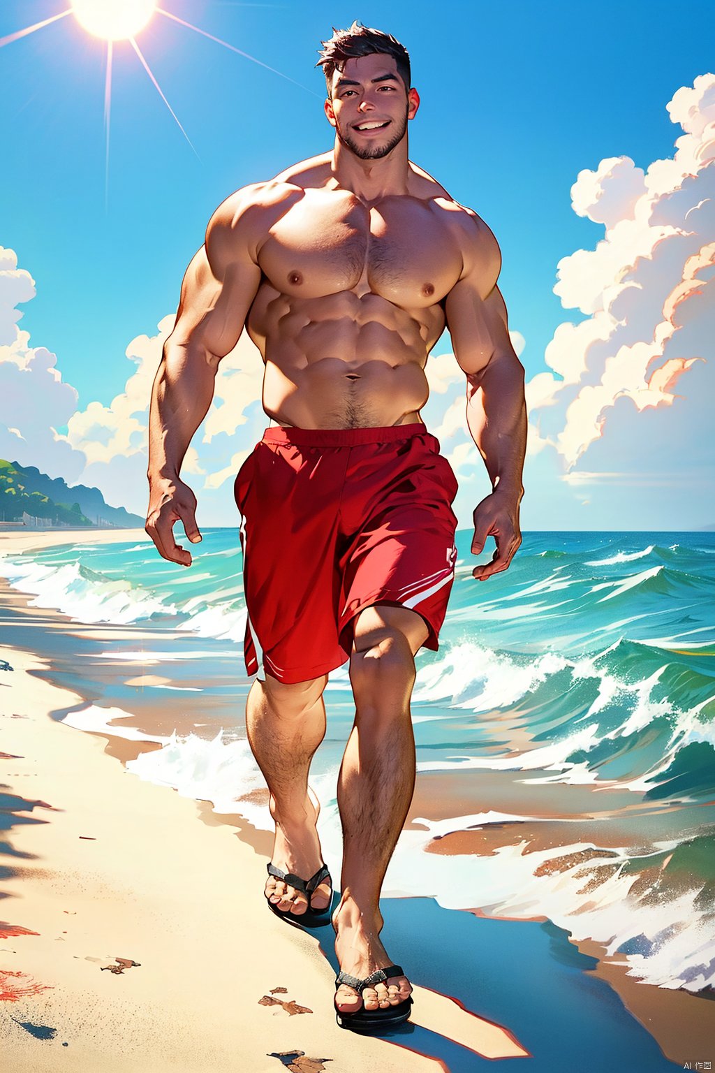  realistic,masterpiece, best quality, highres, ultra-detailed, 8k uhd, RAW, realistic,realism photo, Realistic skin, skin texture, 
1boy, manliness, manly, muscular, full body, Grin, Facial hair, body hair, Hairy pec, topless, red shorts, walking, standing, feet, toes, flip-flops feet, red flip-flops, 
billow, stormy waves, Heavy seas, seawater, ocean, sun, sunlight, Bright Sunshine, clouds, solo, looking at viewer, realistic,