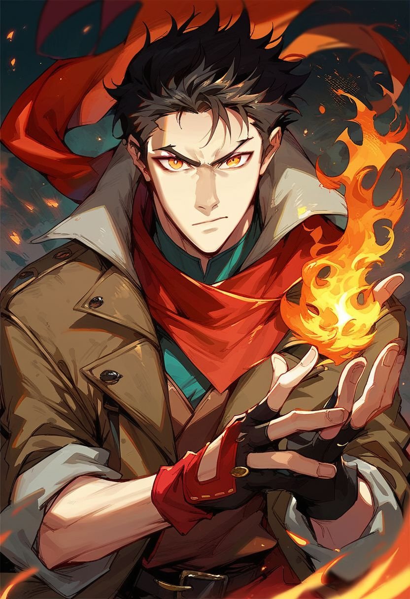 (score_9, score_8_up:1.1), score_7_up, 1boy, solo, Mak0, orange eyes, black hair, fingerless gloves, red scarf, looking at viewer, brown coat, fire, magic