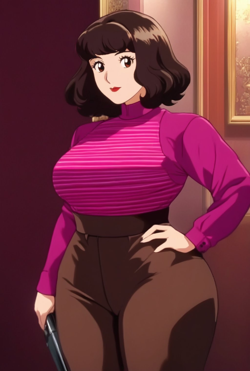 Solo_Female, age 21 years old, red velvet long sleeves turtleneck shirt,tight brown trousers, grey boots, shirt neck length curly bob curvy bang brown hair, brown eyes, curvy wide hips, Thicc Juicy Big Butt, Bootylicious, looking-at-viewer, full_body, masterpiece, best quality, detailed face, detailed, highres, shoujo_anime, 1990s \(style\), ((EPTakeuchiNaokoStyle))