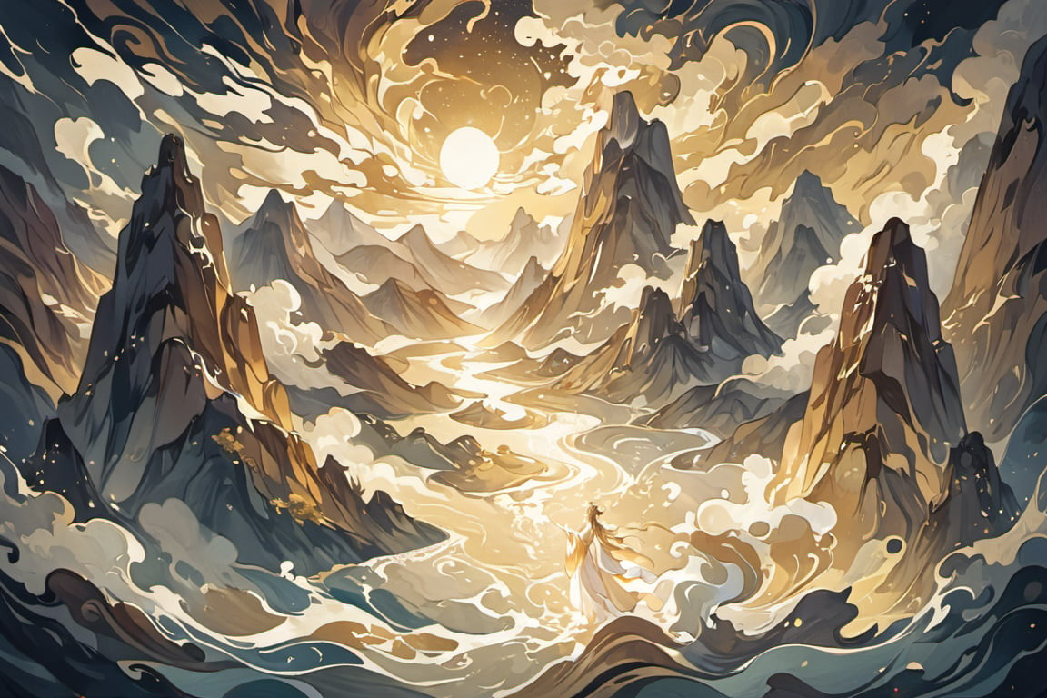 Story sense scene, an abstract scene of mountains, clouds and sea, a fairy in flowing white Hanfu standing in front of the mountains and clouds, golden color palette, incredible murals, Complex and bizarre illustration style, stars shining, fantasy art, high Angle shooting