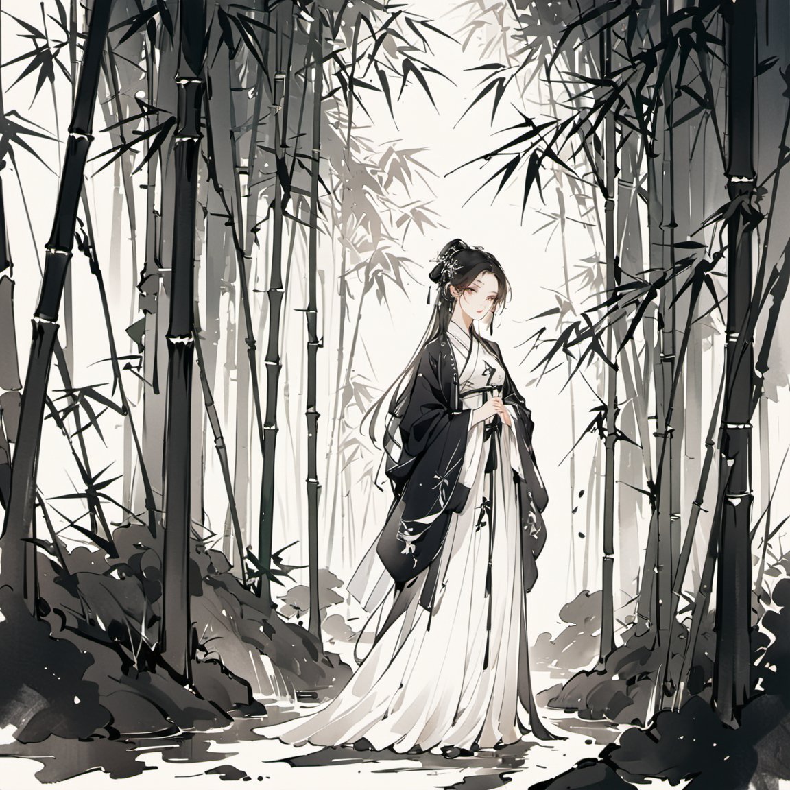 A beautiful girl standing upright in a bamboo forest, delicate face, calm and elegant, Tyndall light effect, Chinese ink painting style, Zhang Daqian, black and white ink, momentary, superbly written style,