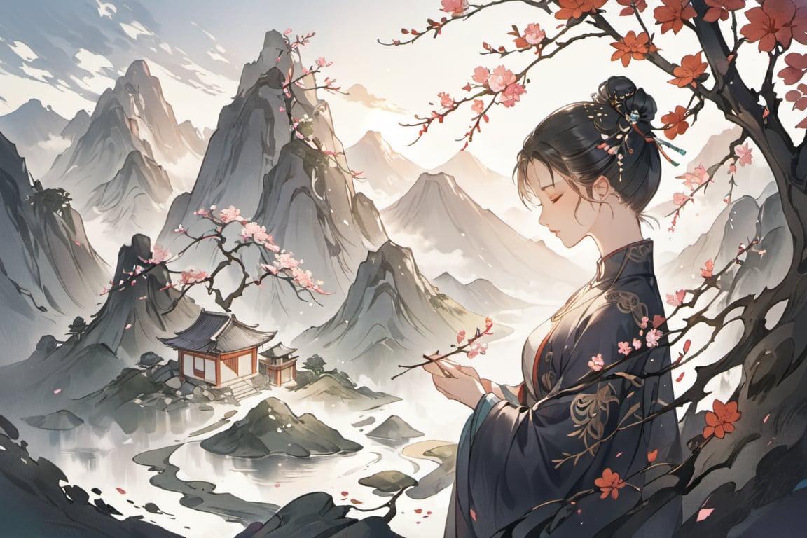 1girl, solo, black hair, hair ornament, holding, closed eyes, hair bun, profile, makeup, single hair bun, mountain, branch