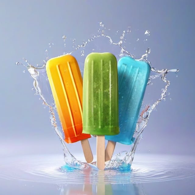 Popsicles are the main body, summer is scorching, water drops floating around, C4D,3D renderer, cartoon, cute, packaging design, five-point lighting, studio lighting,