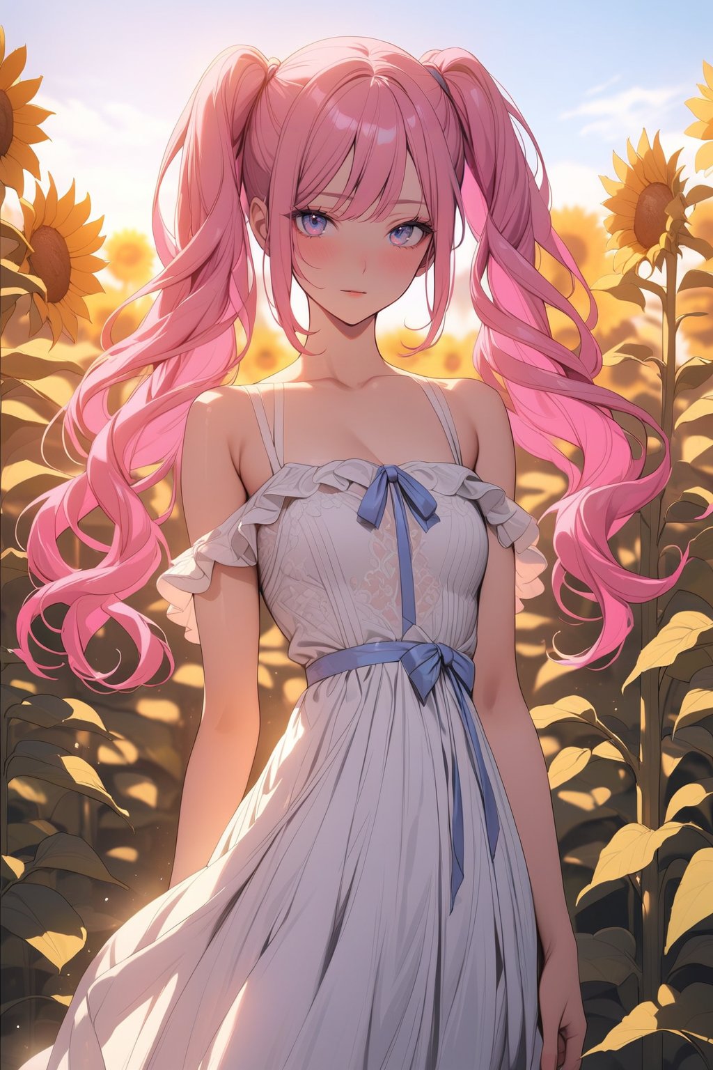 (masterpiece, best quality), 4k, perfect face, depth of field, vibrant, 1girl, long pink hair, twintails, large purple eyes, frilled white dress with blue ribbons, standing in sunflower field, sunny sky, highly detailed, extremely aesthetic, beautiful face, delicate features
