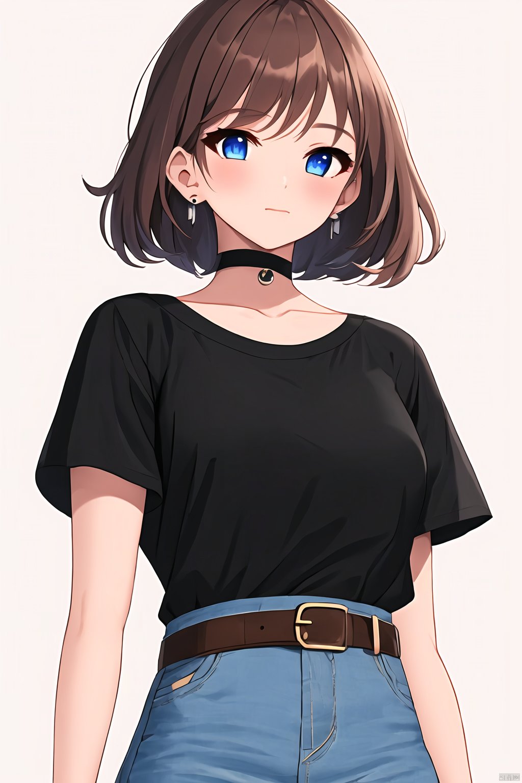 jijianchahua, 1girl, solo, shirt, belt, earrings, simple background, black shirt, jewelry, short hair, choker, pants, denim, short sleeves, jeans, looking at viewer, brown hair, closed mouth, bangs, blush, black choker, buckle, belt buckle, black belt, blue eyes, upper body, brown belt, jijianchahua