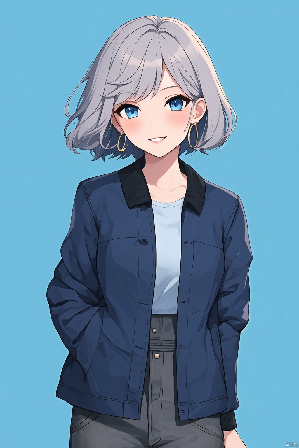 jijianchahua, 1girl, solo, umbrella, earrings, jewelry, hoop earrings, blue eyes, holding, holding umbrella, blue background, grey hair, pants, smile, simple background, short hair, jacket, parted lips, looking at viewer, blush, blue jacket, long sleeves, shirt