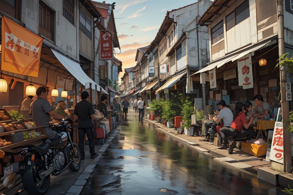 architecture, building, (shophouse), cityscape, scenery, Southeast Asia, George Town, Penang, vintage, historical, heritage, orange tiled roof, pedestrian arcade, narrow facade, long windows, people, crowd, street vendors, road, perfect proportions, perfect perspective, 8k, masterpiece, best quality, high_resolution, high detail, photorealistic, motorcycle, bike, nightmarket, sunset