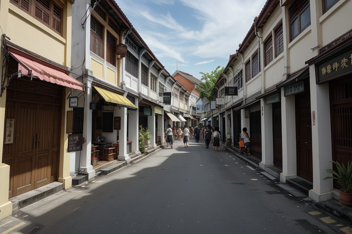 architecture, building, (shophouse), cityscape, scenery, Southeast Asia, George Town, Penang, vintage, historical, heritage, orange tiled roof, pedestrian arcade, narrow facade, long windows, people, crowd, street vendors, lane, perfect proportions, perfect perspective, 8k, masterpiece, best quality, high_resolution, high detail, photorealistic,Masterpiece, cats, multiple cats