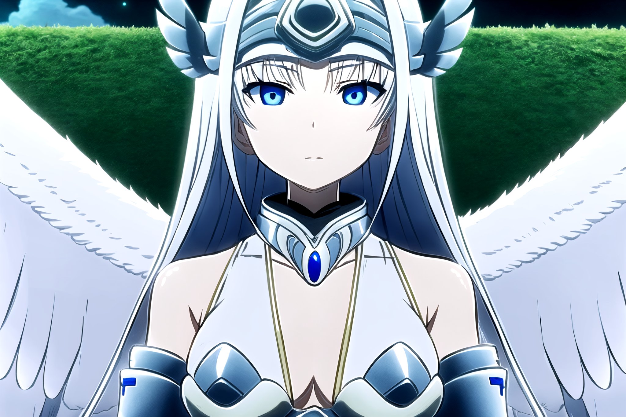 //Quality,
masterpiece, best quality
,//Character,
1girl, solo
,//Fashion,
,//Background,
night, Rose garden
,//Others,
 blue roses,Noint, extremely long hair, silver hair, straight hair, light blue eyes, large white wing, feather Wings, hair ornament, silver hair band, off-shoulder, serious face, hand armors, silver neck armor, wings on shoulder level