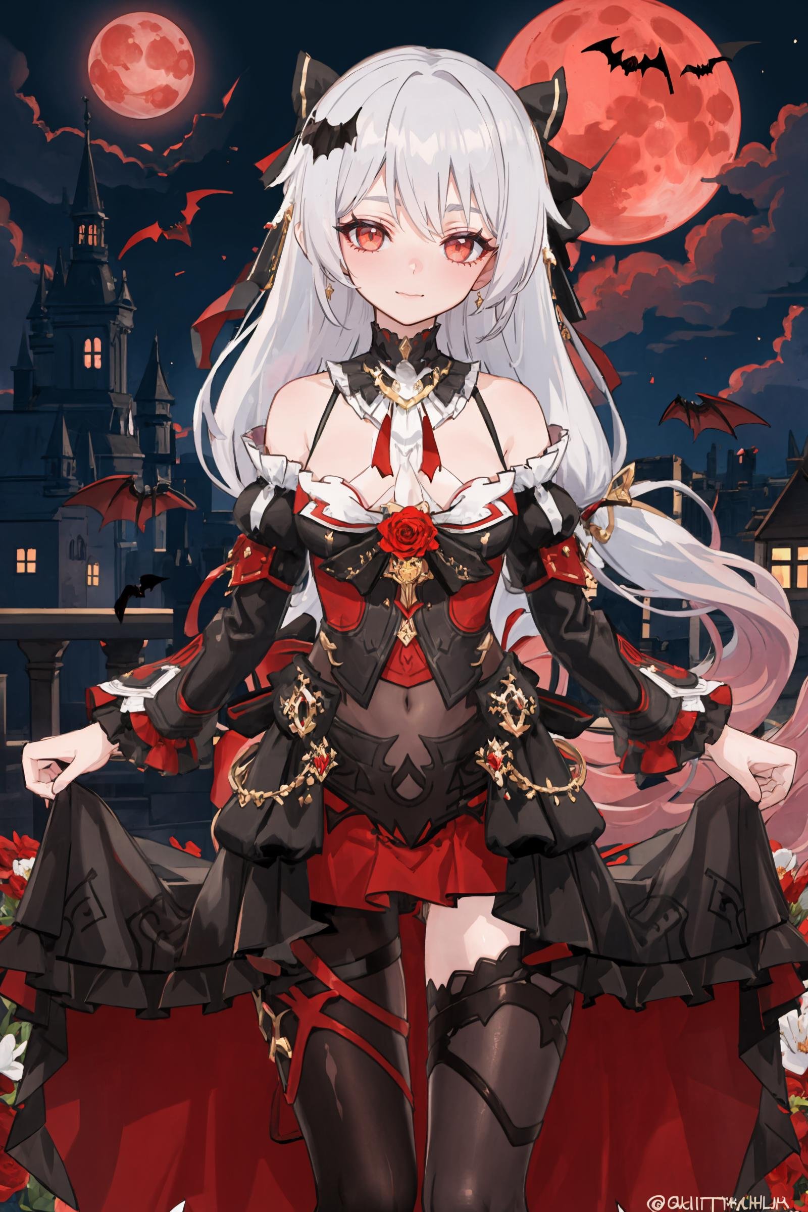 1girl, theresa apocalypse, dress, looking at viewer, light smile, (skirt hold, curtsey: 1.2), detached sleeves, hair ornament, hair ribbon, asymmetrical legwear, detached collar, night sky, cowboy shot, red moon, cloud, castle, outdoors, bat \(animal\), depth of field, <lora:Char-Honkai-Theresa:0.8>