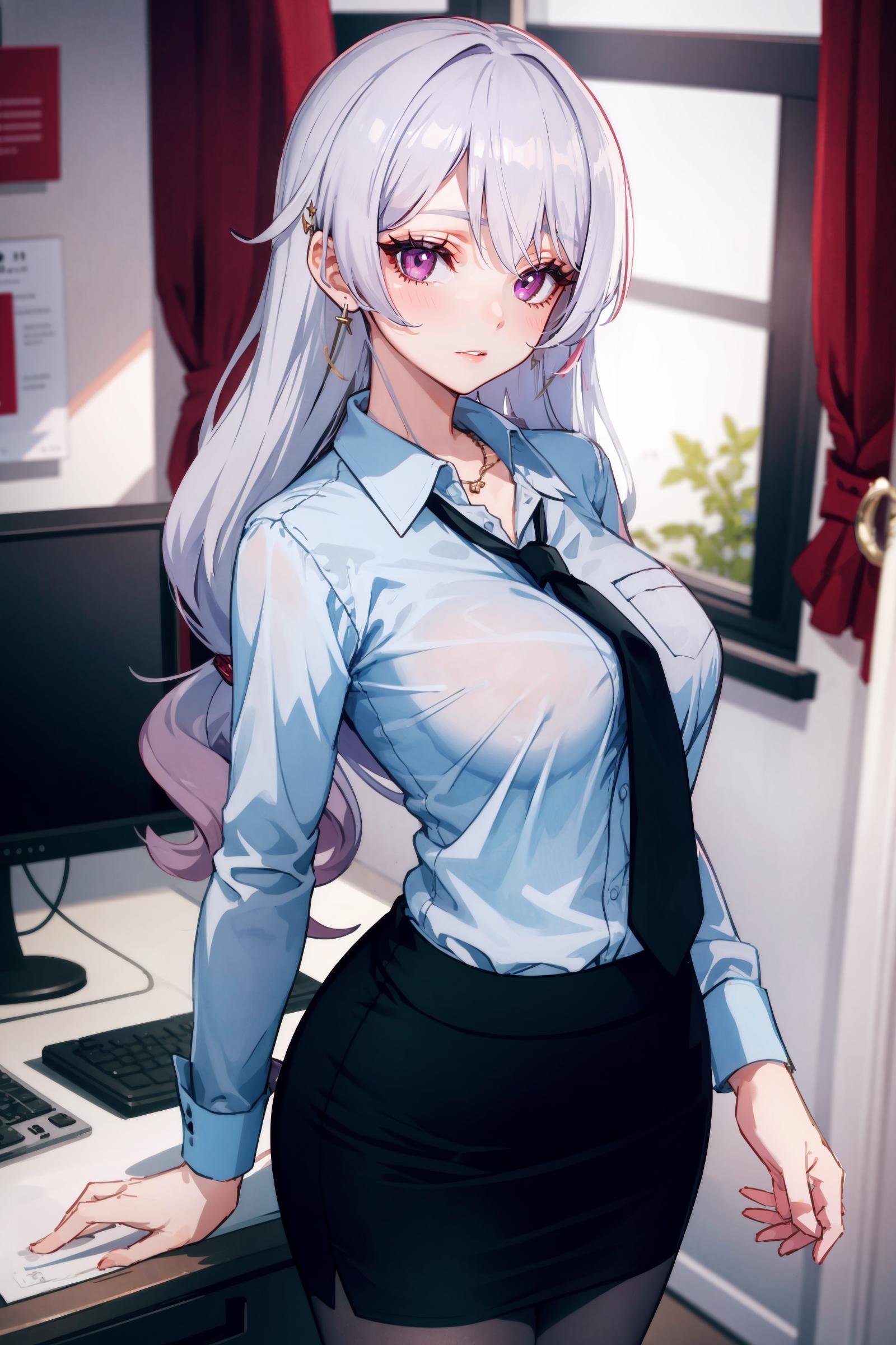 1girl, theresa apocalypse, office lady, collared shirt, pencil skirt, pantyhose, looking at viewer, parted lips, cowboy shot, office, indoors, depth of field, <lora:Char-Honkai-Theresa:0.7>