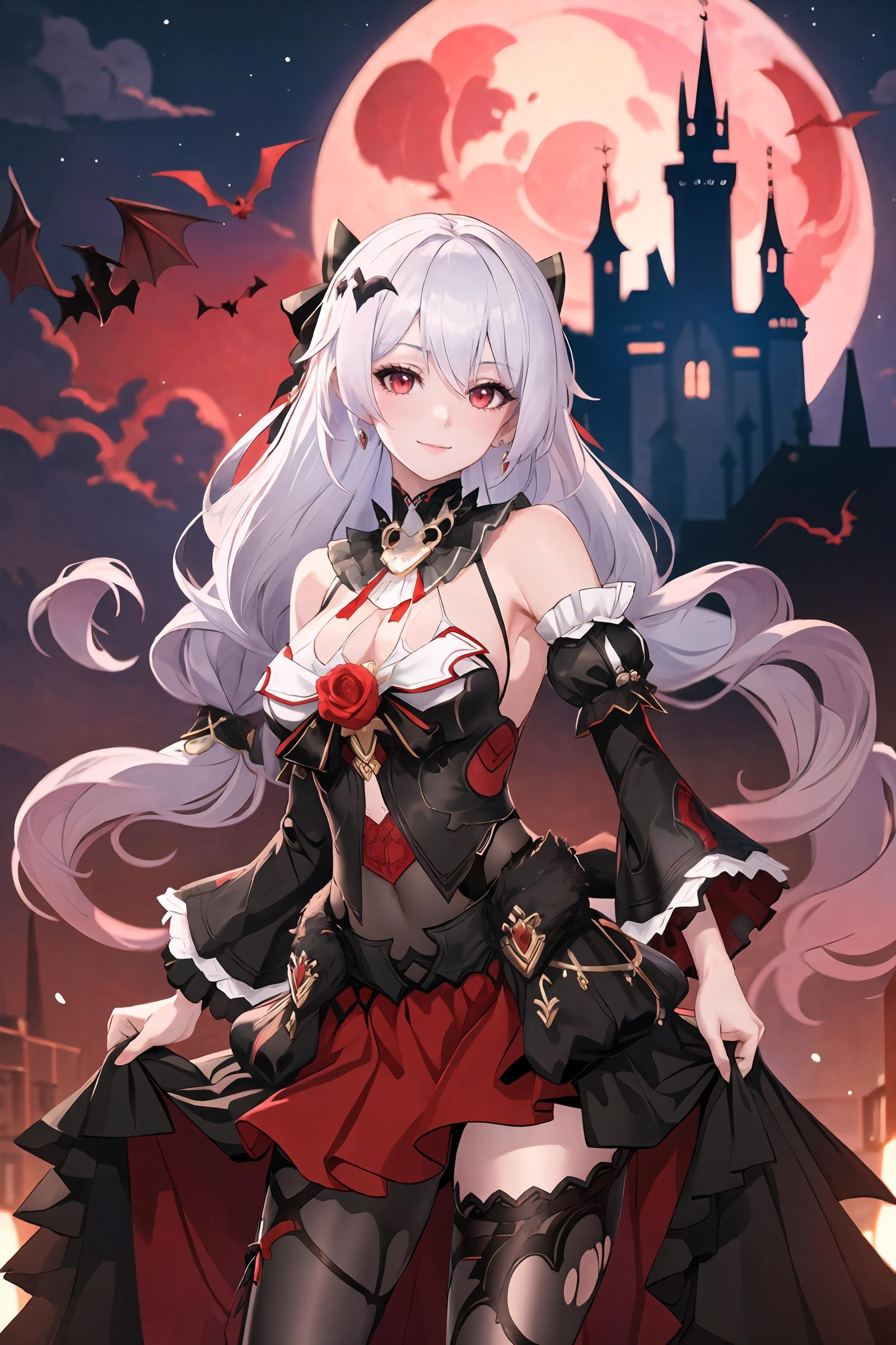 1girl, theresa apocalypse, sleeveless gown, detached sleeves, hair ornament, hair bow, asymmetrical legwear, detached collar, looking at viewer, light smile, (skirt hold, curtsey: 1.2), night sky, cowboy shot, red moon, cloud, castle, outdoors, bat \(animal\), depth of field