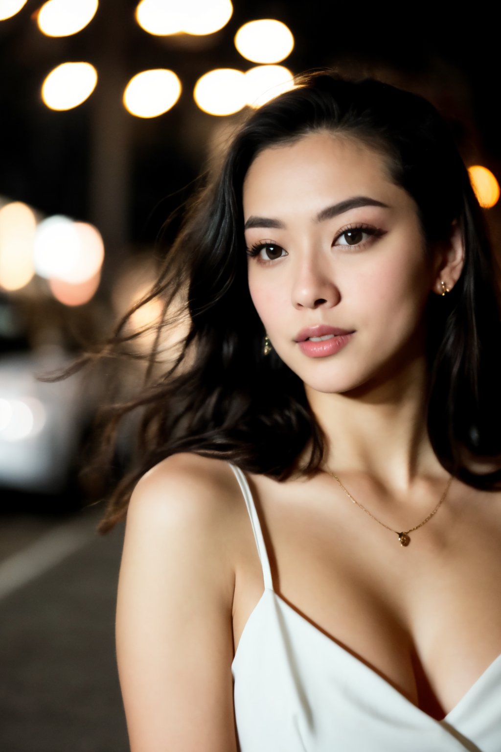 instagram photo, closeup face photo of 28 y.o woman in dress, beautiful face, makeup, night city street, bokeh, motion blur
,Plump