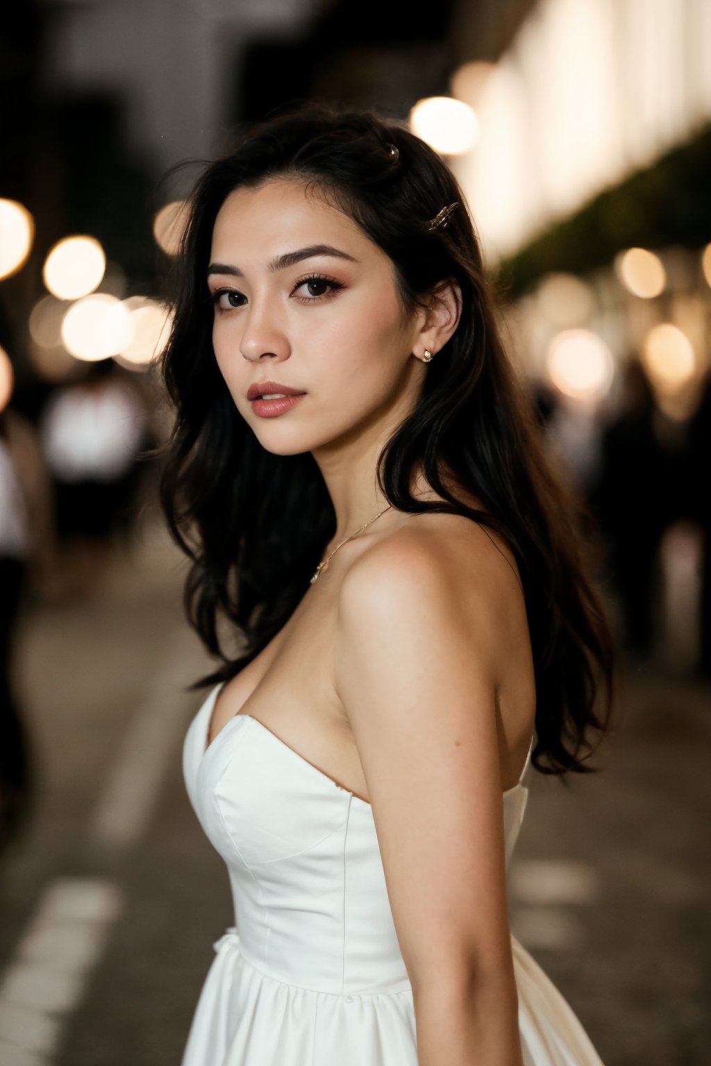 instagram photo, closeup face photo of 28 y.o woman in dress, beautiful face, makeup, night city street, bokeh, motion blur
,Plump