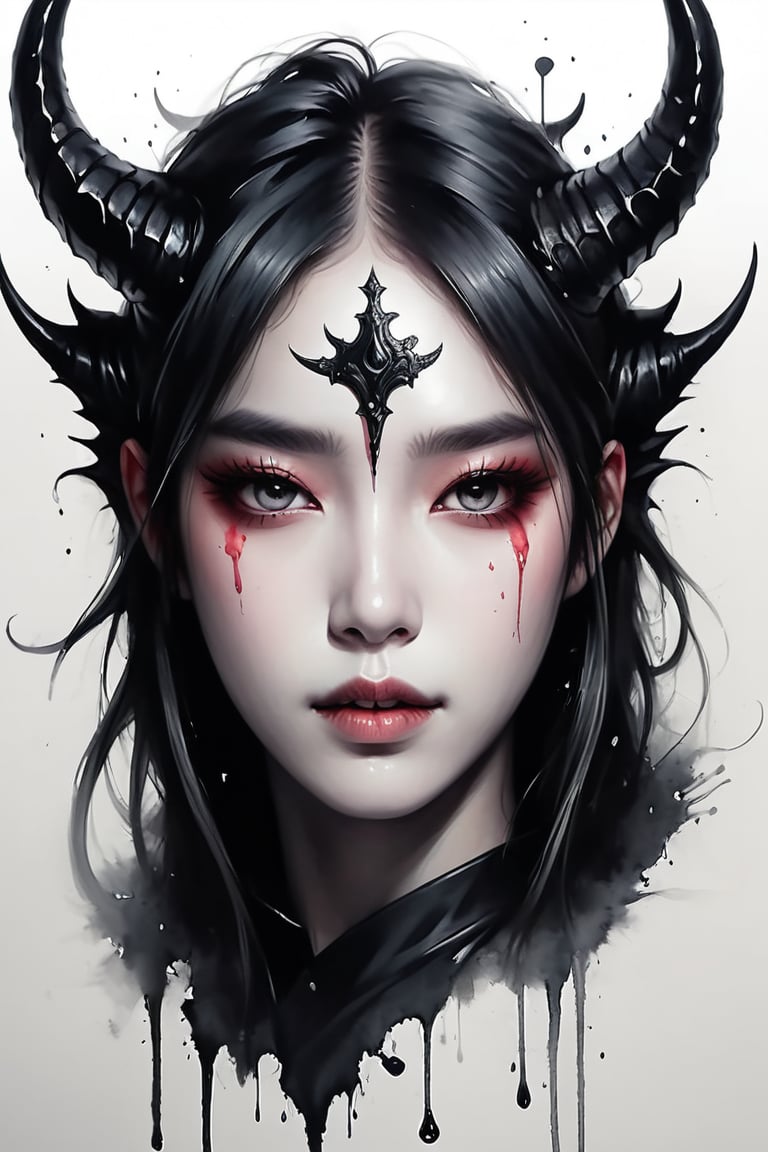 Create a detailed close-up illustration capturing the essence of a demon horns, drawing inspiration from rossdraws, side_ponytail,fantasy artwork, and the aesthetics of a black horns. Frame the artwork with a black panel, emphasizing luminescent elements, and infused with the unique style of Brittney Lee, centered, korea face structure, splash ink.

abstact, beautiful girl,asian cute