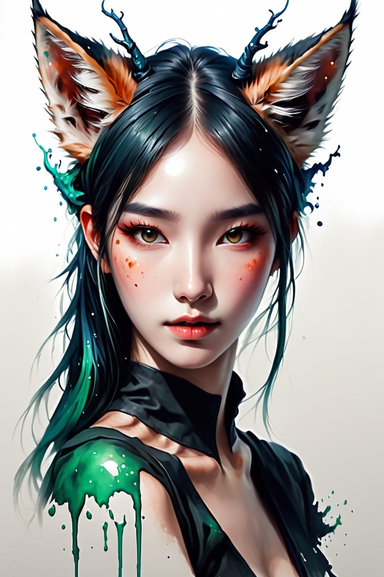 Create a detailed close-up illustration capturing the essence of a fox ears, drawing inspiration from rossdraws, side_ponytail,fantasy artwork, and the aesthetics of a cuboc girl. Frame the artwork with a black panel, emphasizing luminescent elements, and infused with the unique style of Brittney Lee, centered, korea face structure, splash ink, coloring with green, cyber wearing, nsfw, beautiful topper body.

abstact, beautiful girl,asian cute,evil girl,Long Intricate Horns