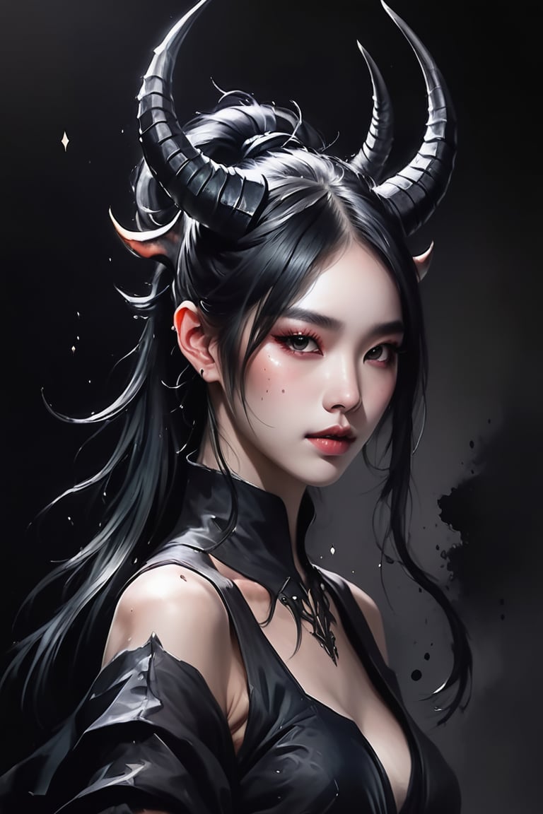 Create a detailed close-up illustration capturing the essence of a demon horns, drawing inspiration from rossdraws, side_ponytail,fantasy artwork, and the aesthetics of a black horns. Frame the artwork with a black panel, emphasizing luminescent elements, and infused with the unique style of Brittney Lee, centered, korea face structure, splash ink.

abstact, beautiful girl,asian cute