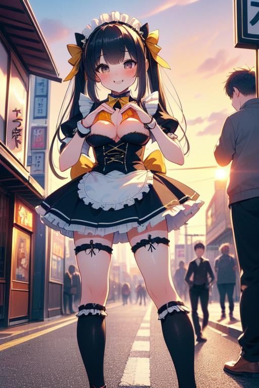 (((masterpiece))), (((best quality))), (((street))), (((outdoor))), (((from below))), (((maid cafe))), ((heart hands)), ((a girl in gothic costume standing)), stockings, (yellow bowtie), ((multiple boys walking)), ((colorful signs in akihabara))), twintails, longhair, shy, blush, smile, (cleavage), ((big tits)), slim figure, ((sunrise)), <lora:girllikemaidcafe:1>