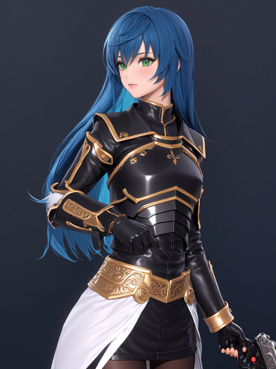 //Character, solo,MariaTraitor_SO3, 1girl, green eyes, long hair, blue hair, 
//Fashion, armor, fingerless gloves, pantyhose,
//Background, simple background, 
//Quality, (masterpiece), best quality, ultra-high resolution, ultra-high definition, highres, intricate, intricate details, absurdres, highly detailed, finely detailed, ultra-detailed, ultra-high texture quality, natural lighting, natural shadow, dramatic shading, dramatic lighting, vivid colour, perfect anatomy, 
//Others, gun