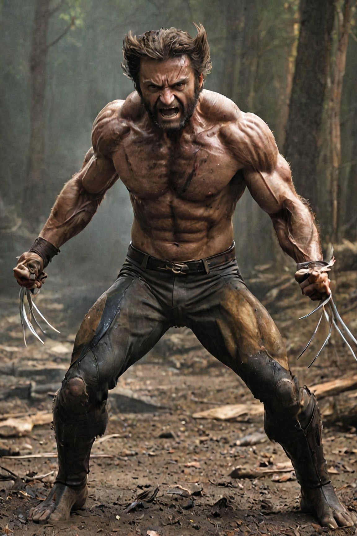 an attention-grabbing image of Wolverine's regenerative powers in action, full body shot, extremely damaged Logan coming at the viewer, risen from the ashes, his wounds healing, dynamic and almost surreal style, showing extraordinary nature of his abilities, (((detailed claws) ))